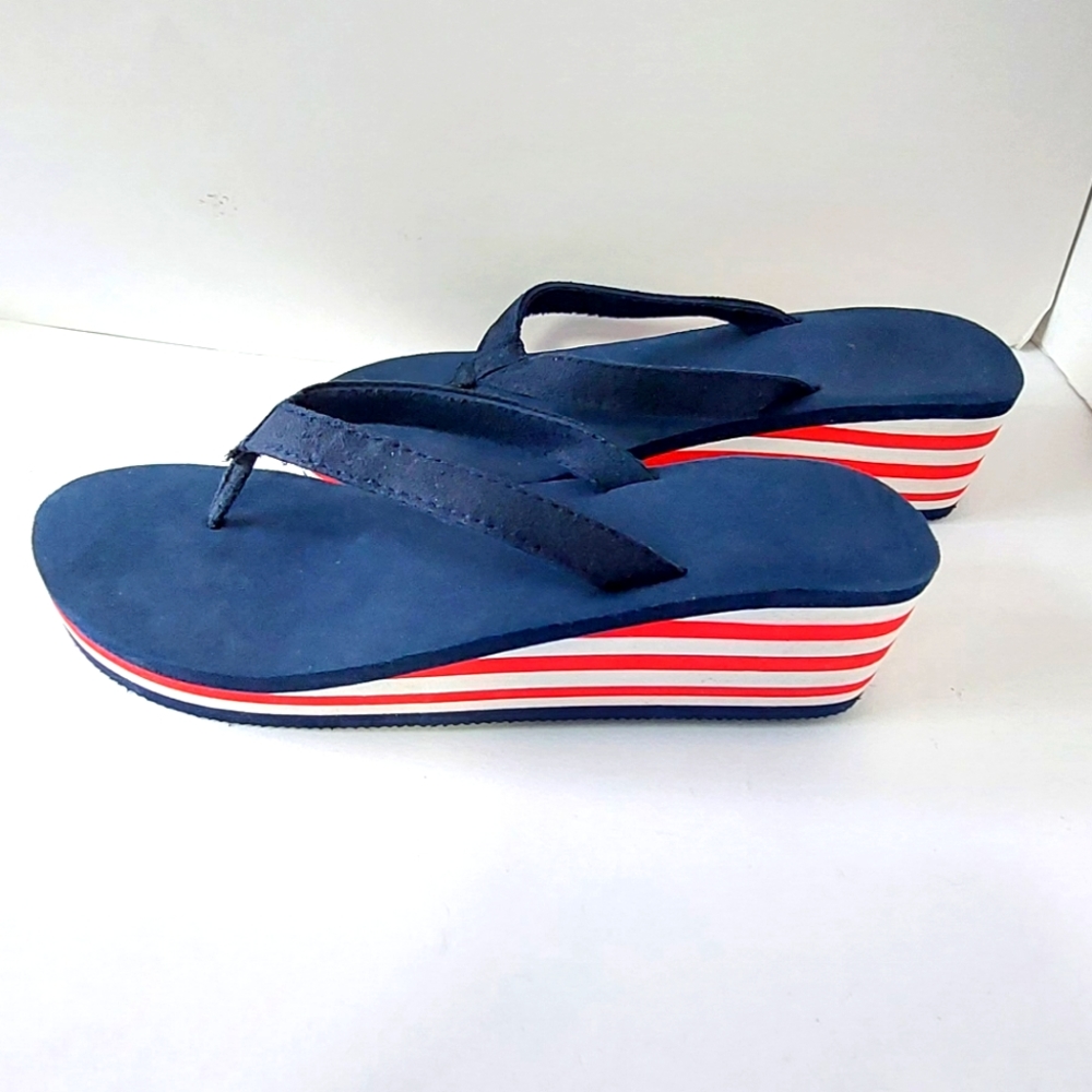 Blue Flip Flops with striped Red/White wedge heels